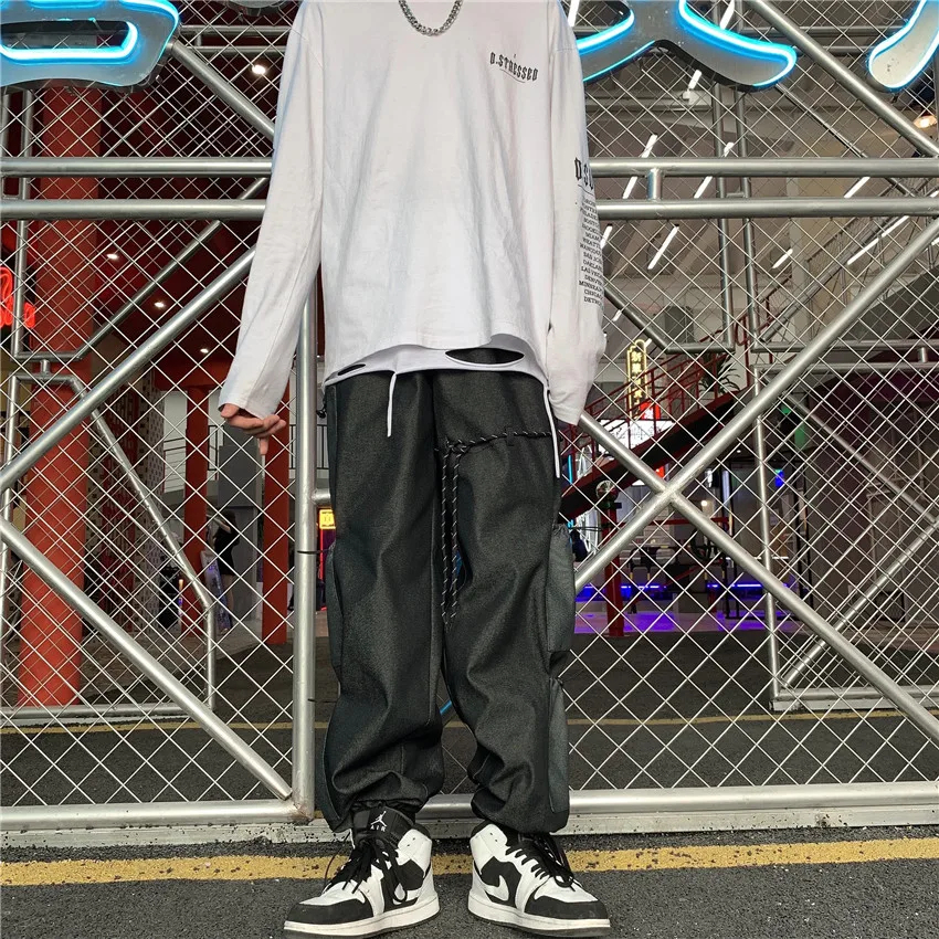 Свободные брюки-карго с высоким поясом, уличная одежда в стиле панк, пэчворк, контрастный карман, лента, штаны в стиле Харадзюку, хип-хоп, шаровары корейского размера плюс