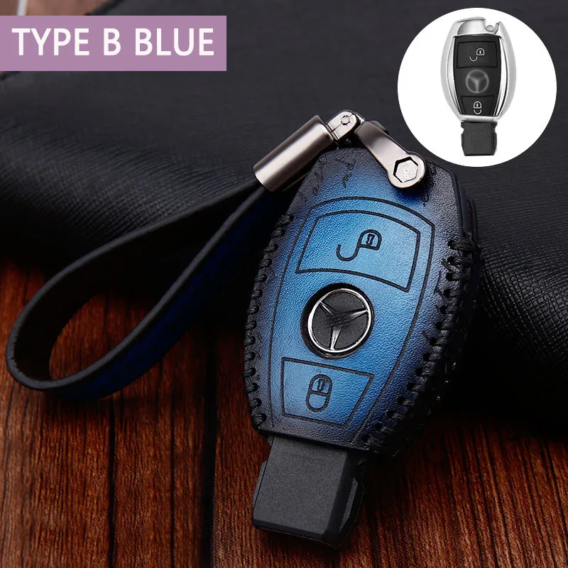 typeB BLUE Кожаный чехол для ключей в стиле ретро для Mercedes Benz AMG W203 W210 W211 W124 W202 W204 W205 W212 W176 CLS CLA - Название цвета: typeB BLUE