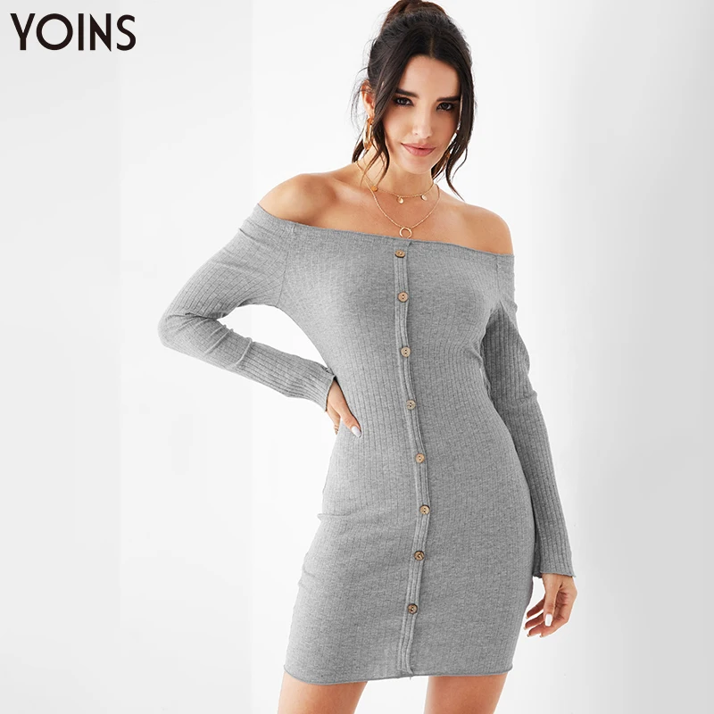 

YONIS 2019 Women Dress Autumn Winter Off-Shoulder Long Sleeves Front Button Bodycon Hem Mini Dresses Sexy Party Casaco Feminino