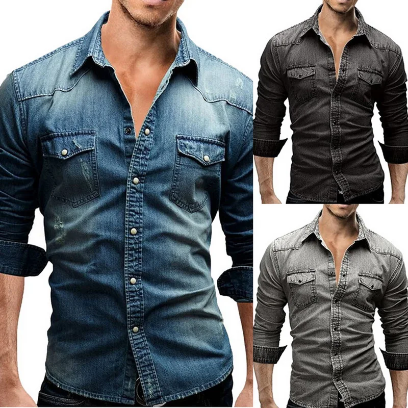 MJARTORIA Denim Shirt Men Cotton Jeans Shirt Fashion Autumn Slim Long Sleeve Cowboy Shirt Stylish Wash Slim Tops Asian Size 3XL MJARTORIA Denim Shirt Men Cotton Jeans Shirt Fashion Autumn Slim Long Sleeve Cowboy Shirt Stylish Wash Slim Tops Asian Size 3XL