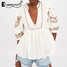 Everkaki Boho вышитые Хлопковые женские рубашки, футболки, топы, однотонные белые женские блузки с коротким рукавом, рубашки, женские топы Осень новинка