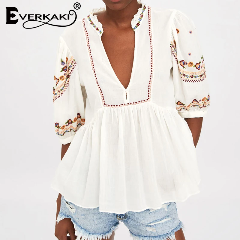 

Everkaki Boho Embroidery Cotton Women Blouse Tops Shirts Solid White Half Sleeve Women Blouses Shirts Top Female 2019 Autumn New