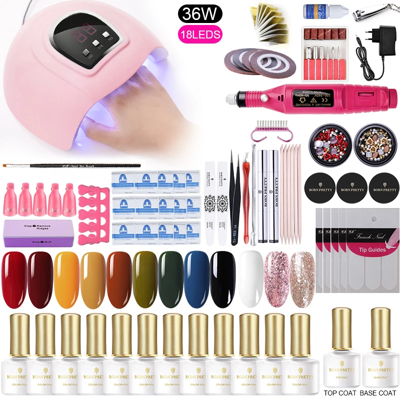 

BORN PRETTY Nail Gel Set UV LED Lamp Dryer with 10/12Pcs Nail Gel Polish Manicuring Tool Set Nail Drill Machine Kit Nail Tool