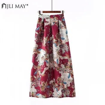 

JLI MAY Print Ball Gown Skirts Women Causal A-Line Empire Pleated Loose Vintage Ankle-Length Lady Skirt Plus Size