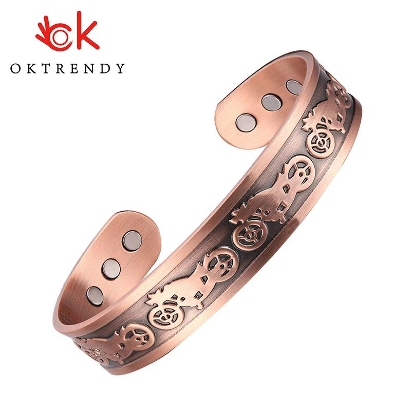 

Oktrendy Magnetic Pure Copper Bracelets Men Motorcycle Design 15mm Health Energy Adjustable Bangle Cuff With Cool Carving