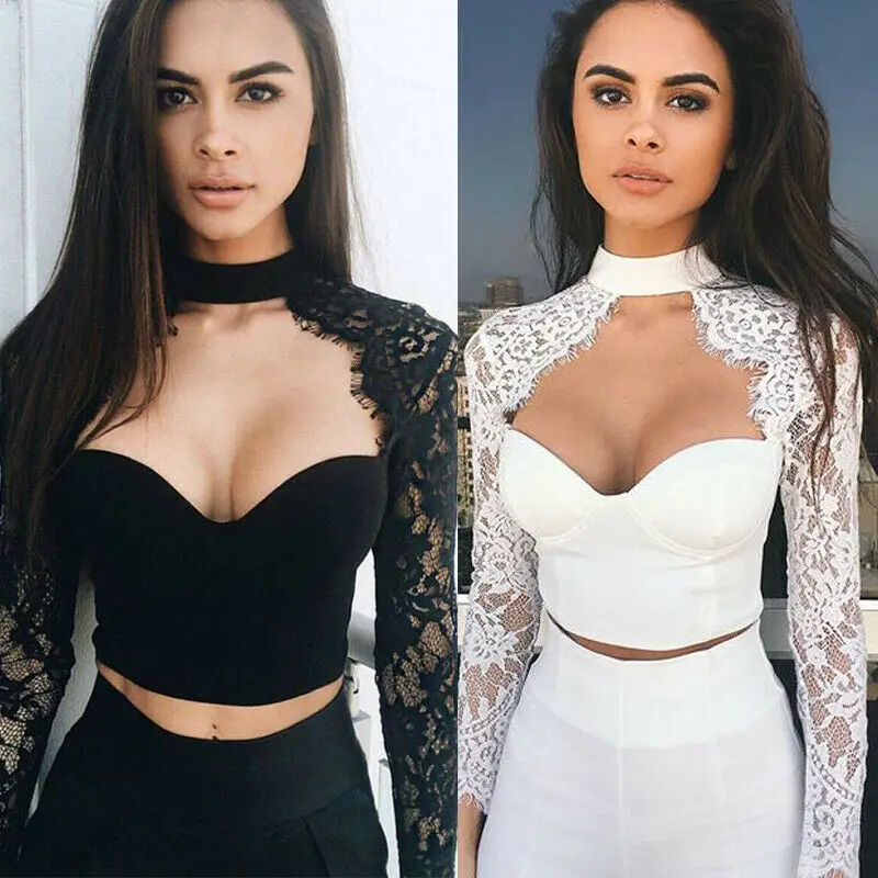 Women's Slim Lace Flore T-Shirt Tops Fashion V Neck Long Sleeve Sexy Black White Solid Color Size S-XL | Женская одежда
