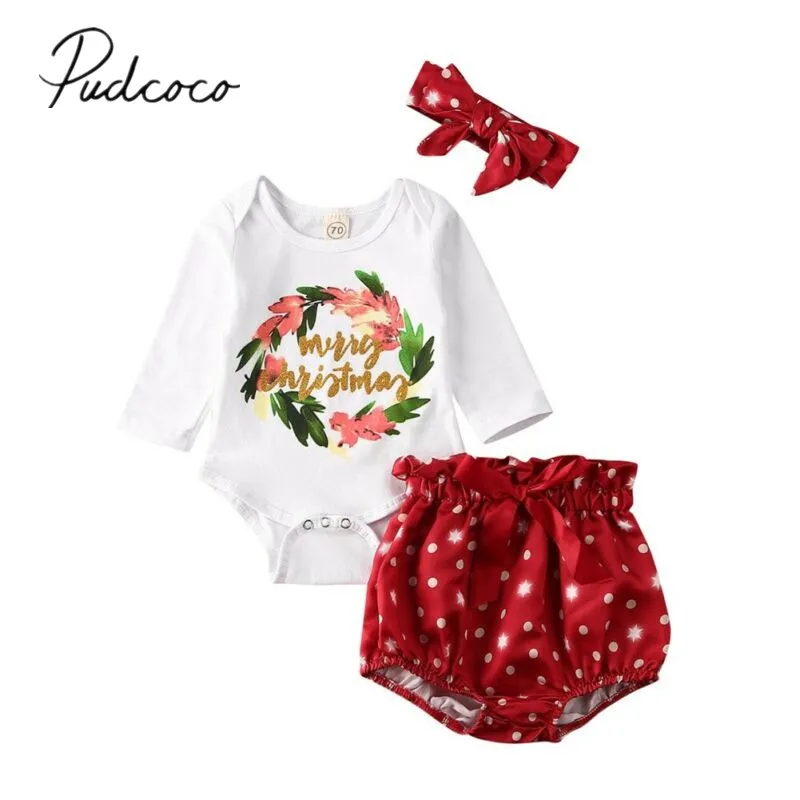 Г. Весенне-осенняя одежда для малышей боди с длинными рукавами для новорожденных девочек, шорты в горошек, pp повязка на голову, Рождественский комплект одежды из 3 предметов