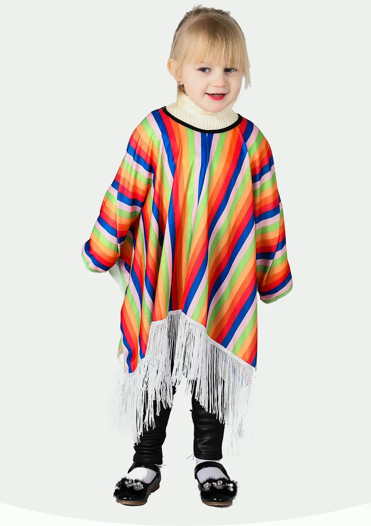 Детский мексиканский плащ в полоску, цвета радуги, одежда для сцены, накидка с кисточками, национальные Вечерние платья на Хэллоуин, пончо, костюмы для косплея