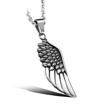 

Men's Angel Wing Pendant Silver Titanium Steel Necklace Feather Lucky Charm Large With 19.6" Chain Size 19+57mm(With Gift Box)