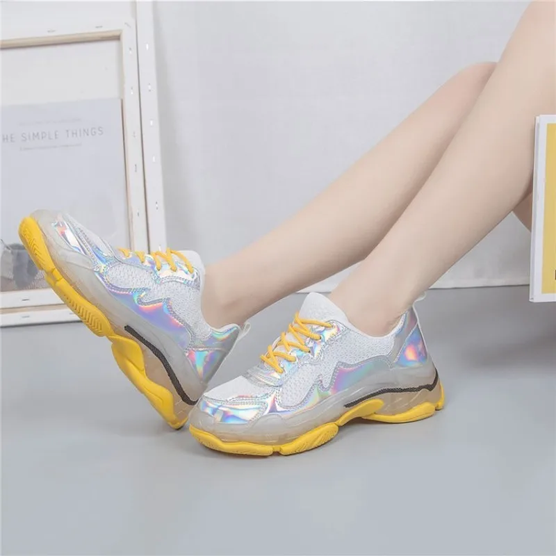 

New Arrival Thick Bottom Sneakers Lace Up Women Shoes Silver Yellow Mesh Solid Color Vulcanized Shoes Zapatos De Mujer J14-26