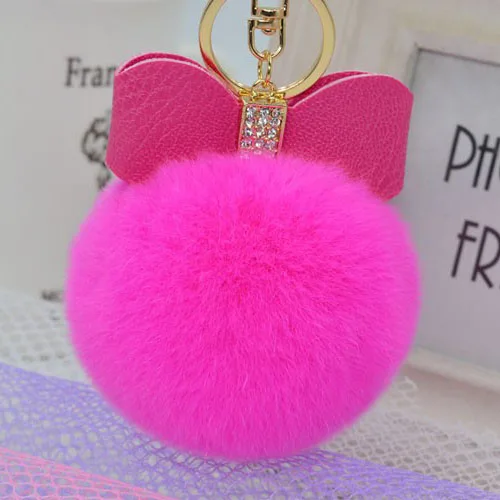 

Wholesale 7mm Fur Pom Cute Keychain Rabbit Fur Ball Key Chain Rhinestone Bow Key Ring For Women Plush Keyring