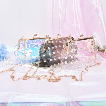 

Fashion Pearl Hologram Laser Colorful Bag Clear Transparent PVC Women Messenger Bag Girls Small Chain Clutch Crossbody Bags