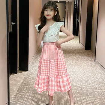 

New 2020 Summer Girls Clothing Set Teenager Girls Cute Shirt and Plaid Skirt Set Cotton Elegant Children Two Piece Set, #8857