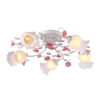 

European-style garden living room Romantic Restaurants white wrought iron pink ceramic flowers glass lampshade Ceiling Lamp c162