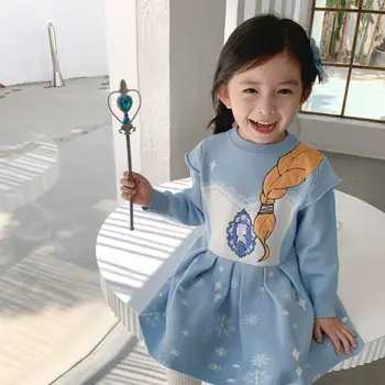 

2020 Presell October 5th Girls knitted dress toddler baby long sleeve soft baby girls blue colour princess dresses