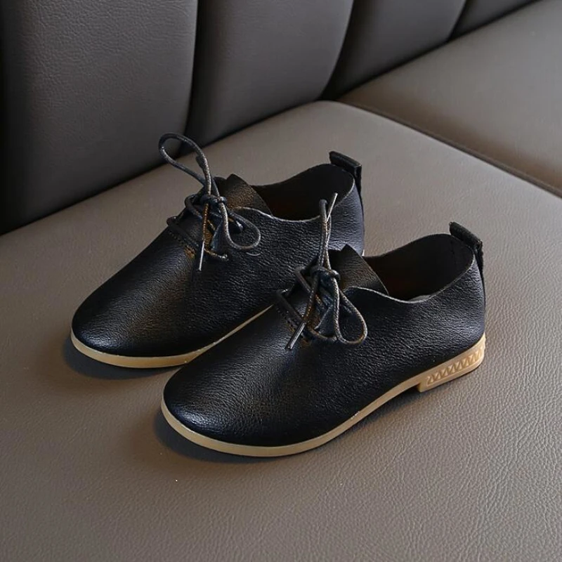 CYSINCOS 2020 Girls Leather Shoes Solid Color Children Princess Shoes Concise Flats Soft Bottom Lace  Shoes For New Year
