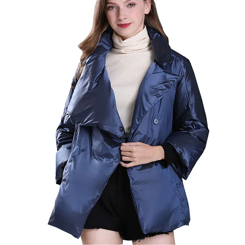 

2020 Autumn Winter New Fashion Down Coat Women Short Casual Big Lapel Waist Feather Jacket Clip Loose Warm Outwear Female Parka
