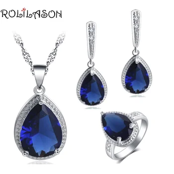 

ROLILASON Deep Blue Cubic Zircon Water Drop Design For Women Silver Earrings Necklace Rings Jewelry Sets JS742