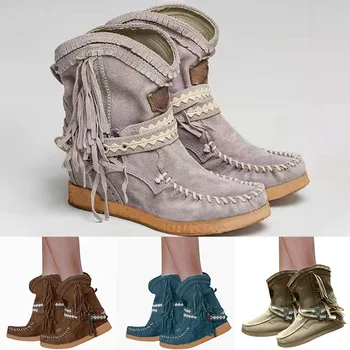 

Rome Style Women Boots Ethnic Ankle Boots Winter Warm Fashion Suede Tassel Short Boot Flat Fringe Pleated Shoes 2019 New J55