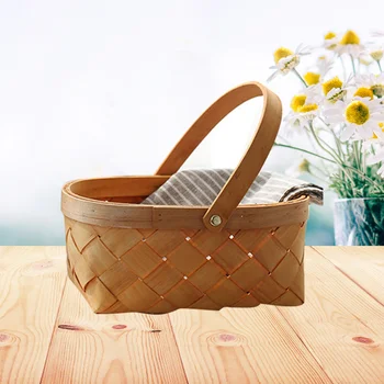 

Portable Handmade Rattan Storage Container Storage Basket Houseware Storage Basket Wooden Woven Storage Basket with Handle(Small