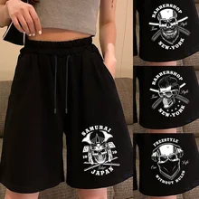 Verão solto shorts moda feminina casual preto crânio impresso shorts de cintura alta shorts cintura elástica cordão praia boardshorts