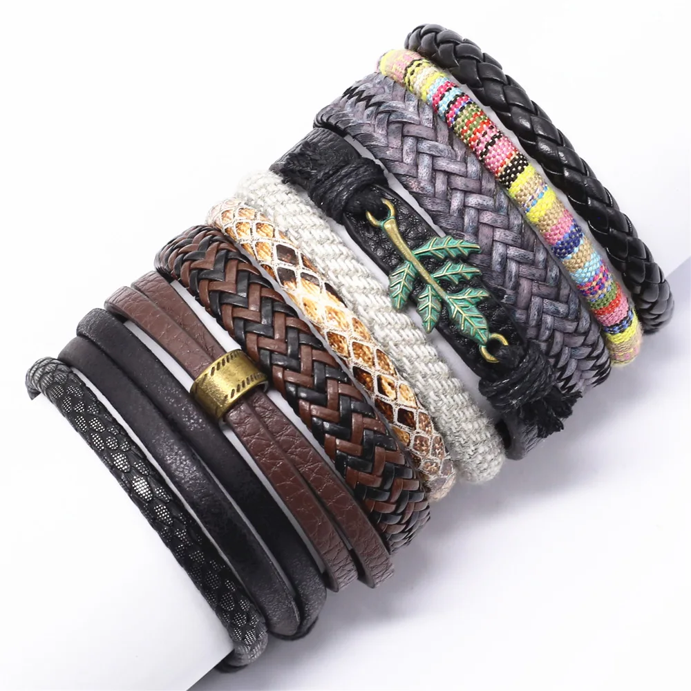 Leather Bracelet 10 Pcs/set Handmade Weave Charm Wrap Leather Mens Bracelets for Women Bangles charm bracelet,leather braided bracelet