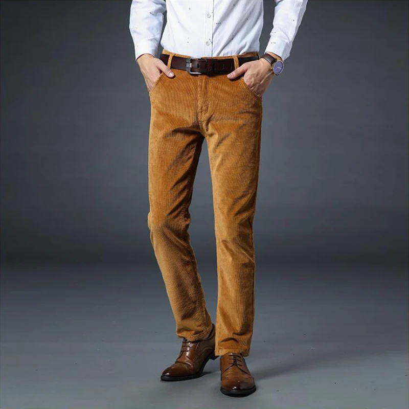 Вельветовые брюки мужские толстые теплые с высокой талией Зимние брюки мужские брюки свободные прямые Стрейчевые повседневные брюки мужские