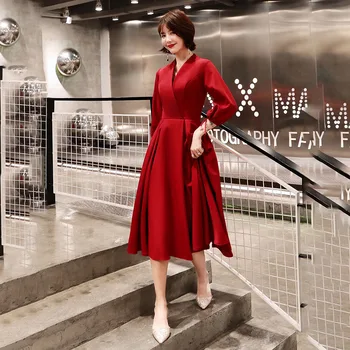 

Burgundy V-Neck Women Prom Party Dress Elegant A-line Pleated Cheongsam Lantern Sleeve Oversize 3XL Long Qipao Dobe De Soiree