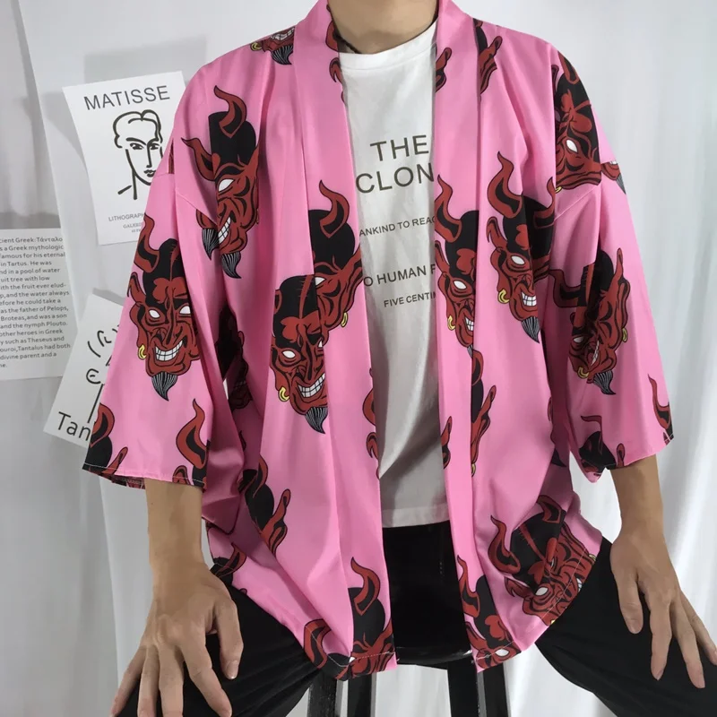 Японское кимоно кардиган для мужчин дьявол Harajuku рубашка Топы женские свободные шифон Солнцезащитная блузка Haori Yukata Blusas KK3248