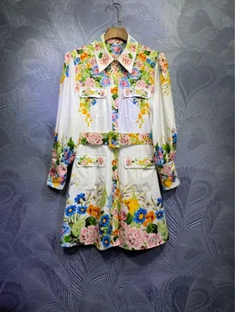 

2020 autumn runway designer women floral printed lantern sleeve belt dresses turn down collar single breasted mini dress y354