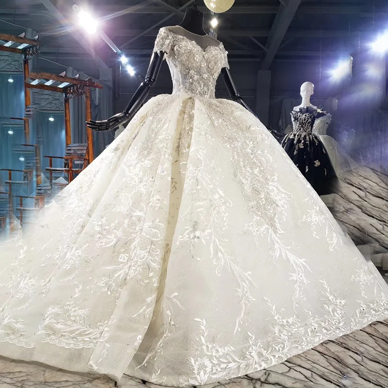 HTL1981 Elegant Extravagant Sequin Crystal Pearls Wedding Dress 2020 Sweetheart Short Sleeve Lace Up Back 3