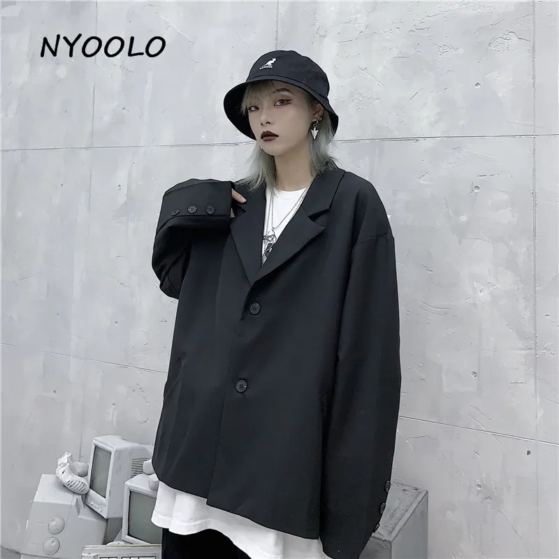 

NYOOLO Harajuku Vintage Single breasted solid color black Blazers Autumn streetwear loose long sleeve coat women men outerwear