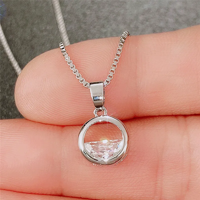 2025 Damenmode Huitan Silber Anhänger Halskette, Damen schlichter runder Halbkristall Zirkonia Anhänger, einzigartiger trendiger Hochzeitsschmuck_voghion.com