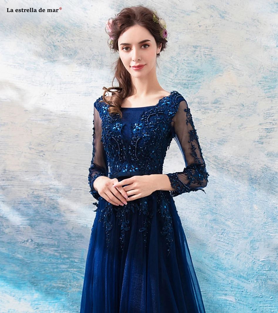 Vestido dama de honra, новинка, кружевное платье трапециевидной формы с длинным рукавом и бусинами, темно-синее платье подружки невесты, длинное свадебное платье abiti da damigella