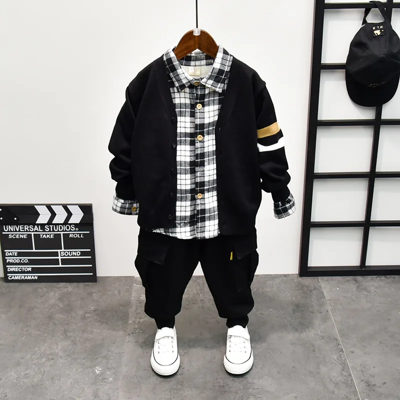 

Autumn/winter Kids Boys sets,Knitted Cardigan Sweater+Plaid plus fleece shirt+Casual plus fleece Pants 3pcs suit,Children's 2-7Y