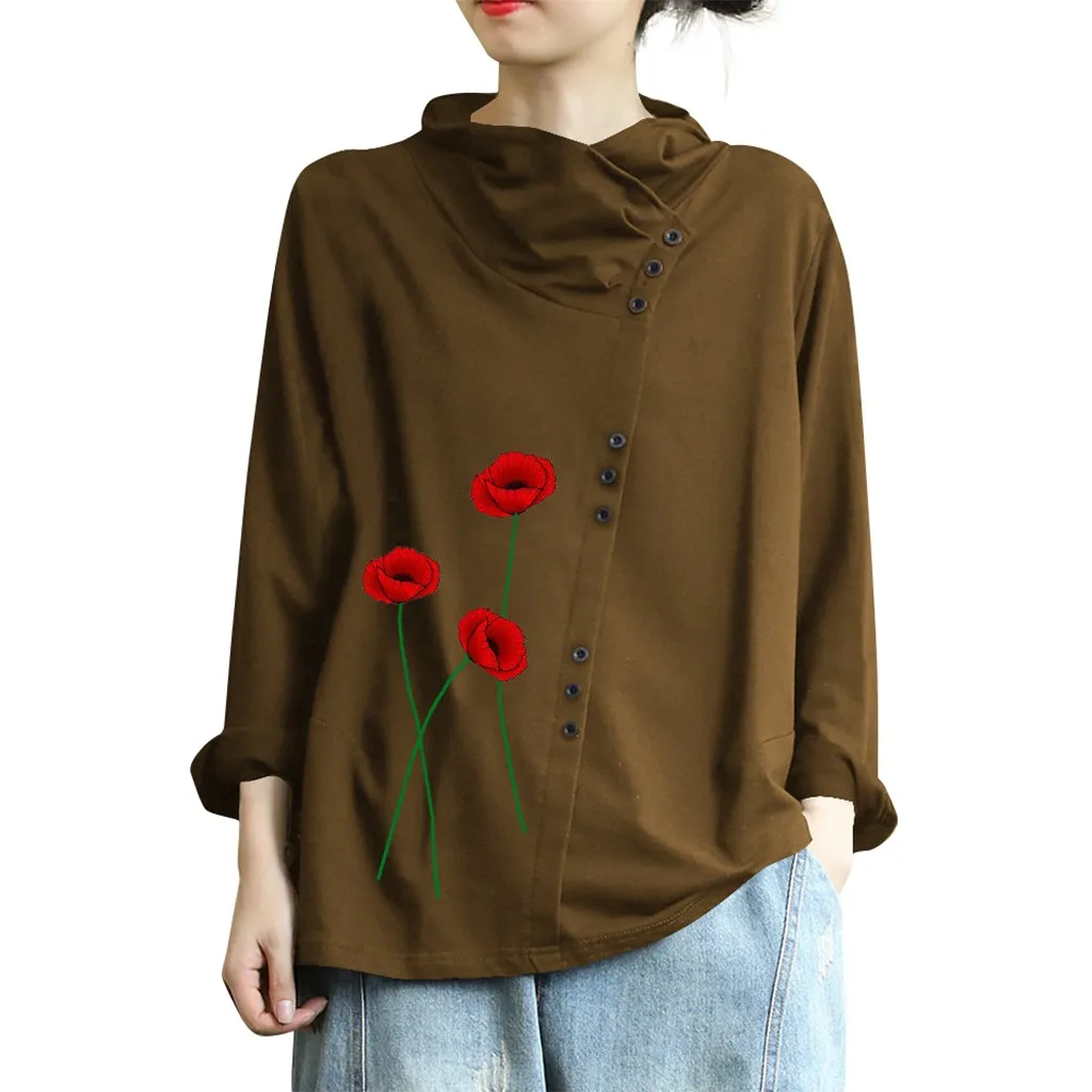 MISSOMO, винтажная женская футболка, весна, длинный рукав, цветочный принт, кнопка, водолазка размера плюс, женские топы, базовые Топы, Blusas 5XL