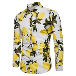 Мужские рубашки, модные повседневные мужские рубашки с длинным рукавом и принтом лимона, облегающие Стильные топы, рубашки, Мужская одежда