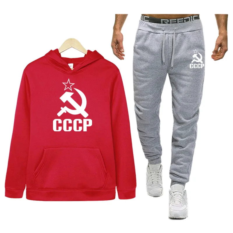 CCCP российский СССР спортивный костюм, мужское термобелье, комплекты спортивной одежды, флисовое плотное худи+ штаны спортивный костюм Masculino - Color: red
