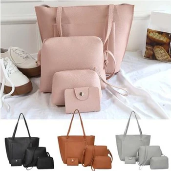 

4 Pcs Women PU Leather Bags Casual Large Capacity Handbags Fashion Simple Shoulder Bag Wallet Solid Color Card Holder