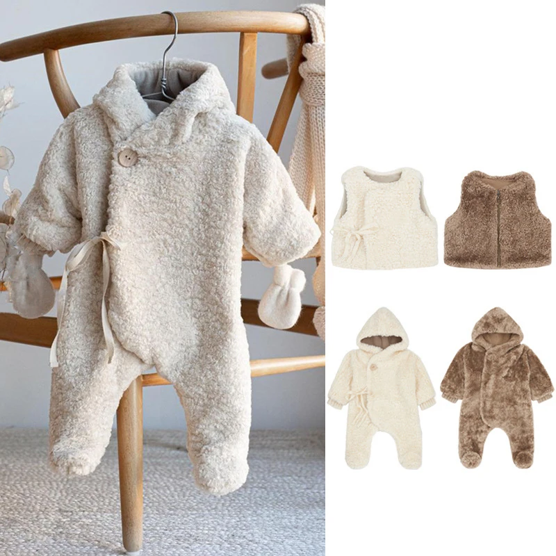 

0-24M Winter Warm Baby Lamb Velvet Jumpsuit Newborn Baby Vest Fleece Hooded Footed Overalls Baby Boy Girl Clothes Outerwear