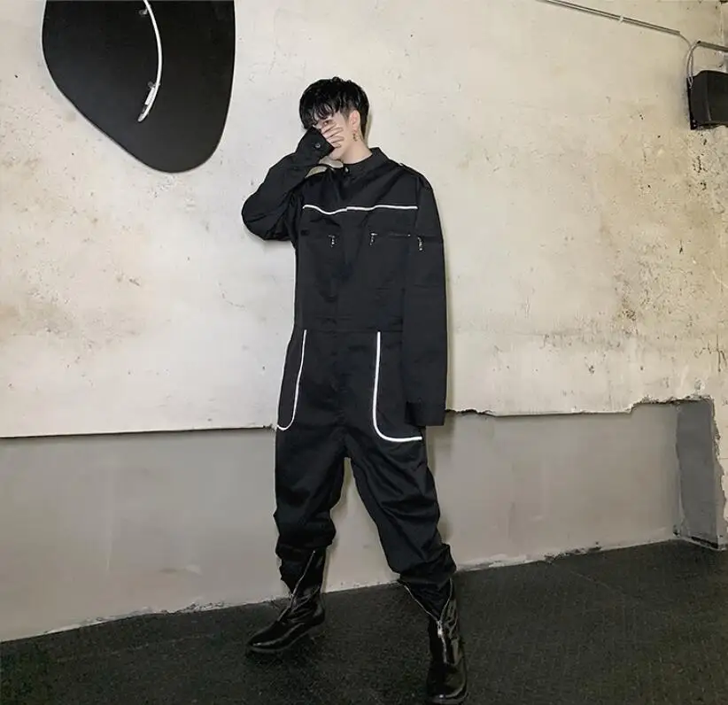 M-XL! Весна и осень носить темные личность лента светоотражающие мужские свободные комплект с курткой на улице в стиле «хип-хоп» Рабочие комбинезон