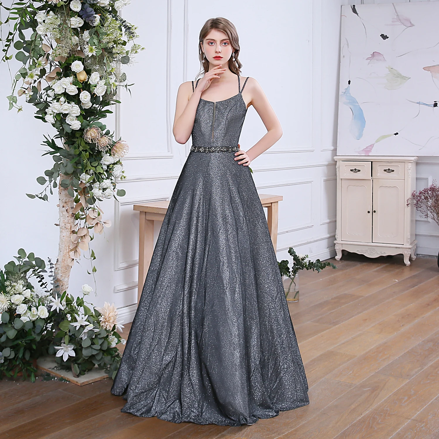 SSYFashion роскошный сверкающий вечернее платье, для банкета блестящий серый сексуальное платье с v-образным вырезом, Длинные вечерние платья Vestido De Noche