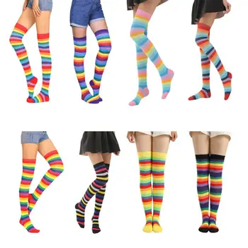 Women Girls Fancy Rainbow Colorful Stripes Over Knee Long Socks Halloween Cosplay Costume Knitted Stretchhy Thigh High