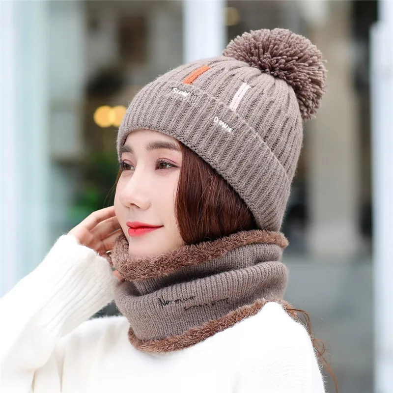 Прямая, комплект из 2 предметов для девочек, женские шапки Skullies Beanies, шапка с воротником, комплект для женщин, зимняя теплая вязаная шапка и шарф - Цвет: khaki hat scarf