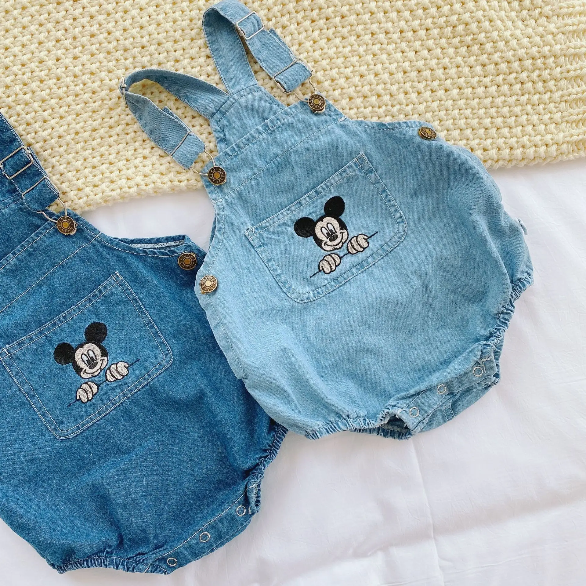 New Disney Newborn Baby Romper Jumpsuit Mickey Mouse Sleeveless Boys Girls Infant Solid Casual Denim Suspenders Romper Cute Infant Baby Girls Romper