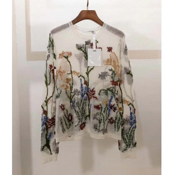 

Cosmicchic Autumn Women's Mohair Knitted Sweater Embroidered Flower Hollow-Out Long Sleeve O-Neck Pullover Elegant Fashion Soft