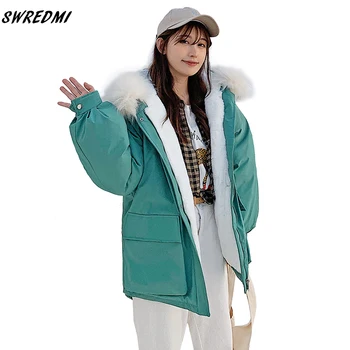 

Lambswool Warm Winter Jacket Women New Arrival Large Fur Green Women Coat Jacket Parka Snow Wear Dovetail Warm Coat SWREDMI