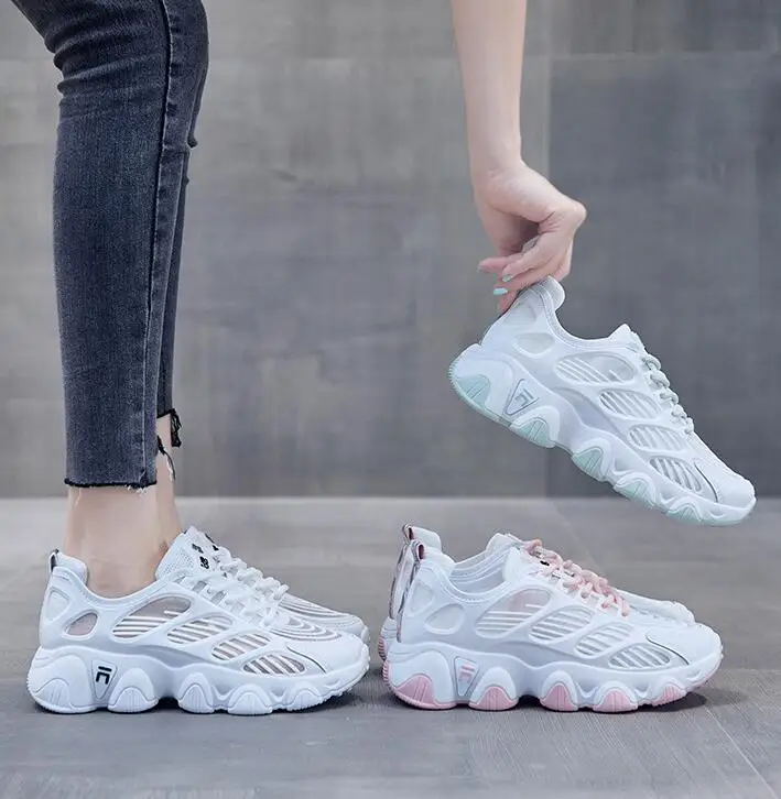 2021 summer new faddish women shoes schoolgirl hollow out air mesh casual sport shoes heightening chunky sneakers Clearance