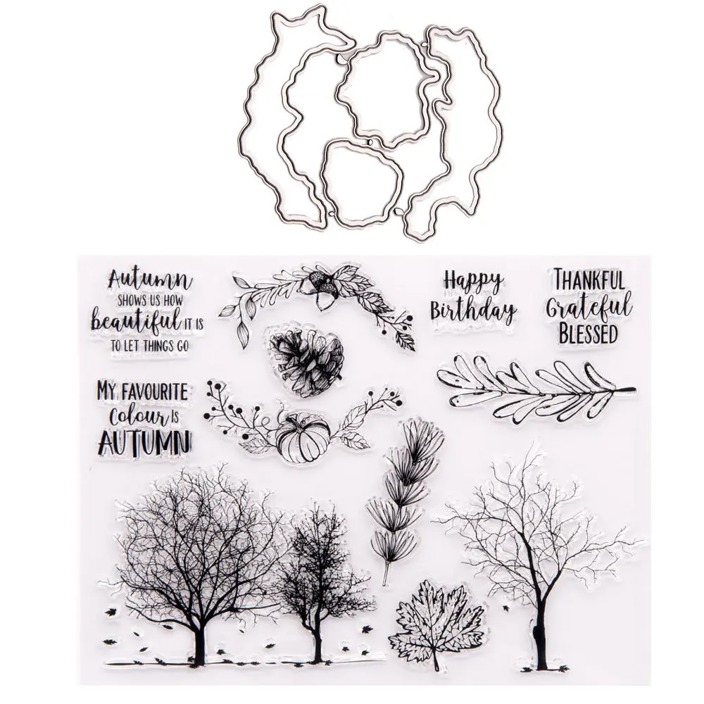 

2121 New Trees Leaves Stamp and Dies Transparent Clear Silicone Stamp Cutting Die Set for DIY Scrapbooking Photo Decorative