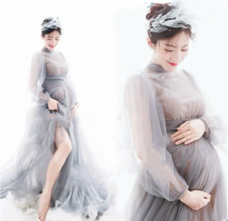 Vestido De Maternidad Para Sesión De Fotos - Manga Larga, Aberturas Laterales, Talla XL, Verde Claro